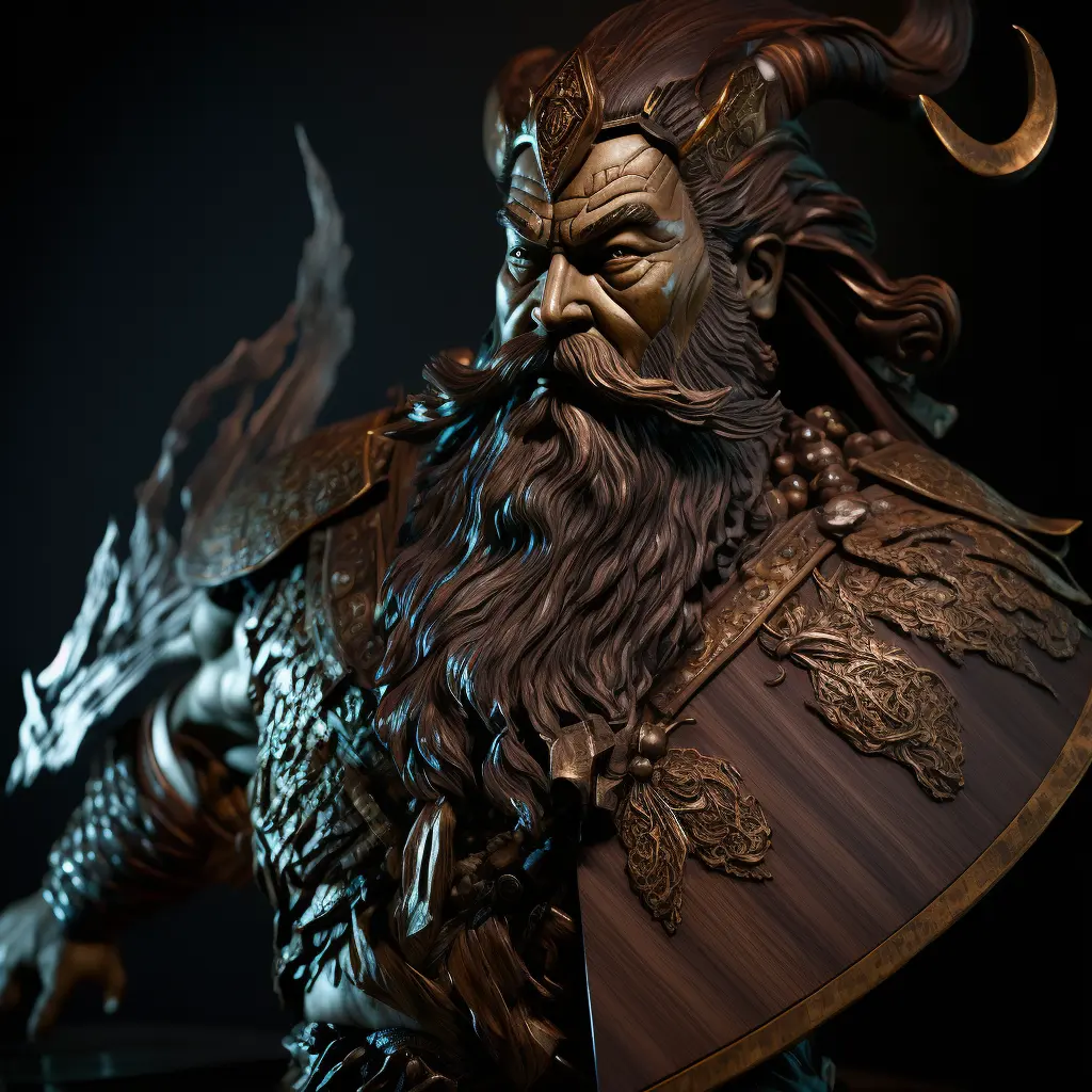 Warrior Guan Yu made of lacquered polished walnut burl and Mahogany, dynamic contrast, depth mapped